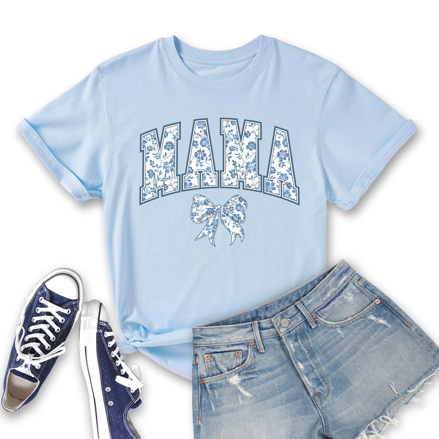 Dllesifvn Coquette Toile Mama T-Shirt Women Mother's Day Short Sleeve Mom Blue Ribbon Floral Graphic Tee Top for Wife Grandma