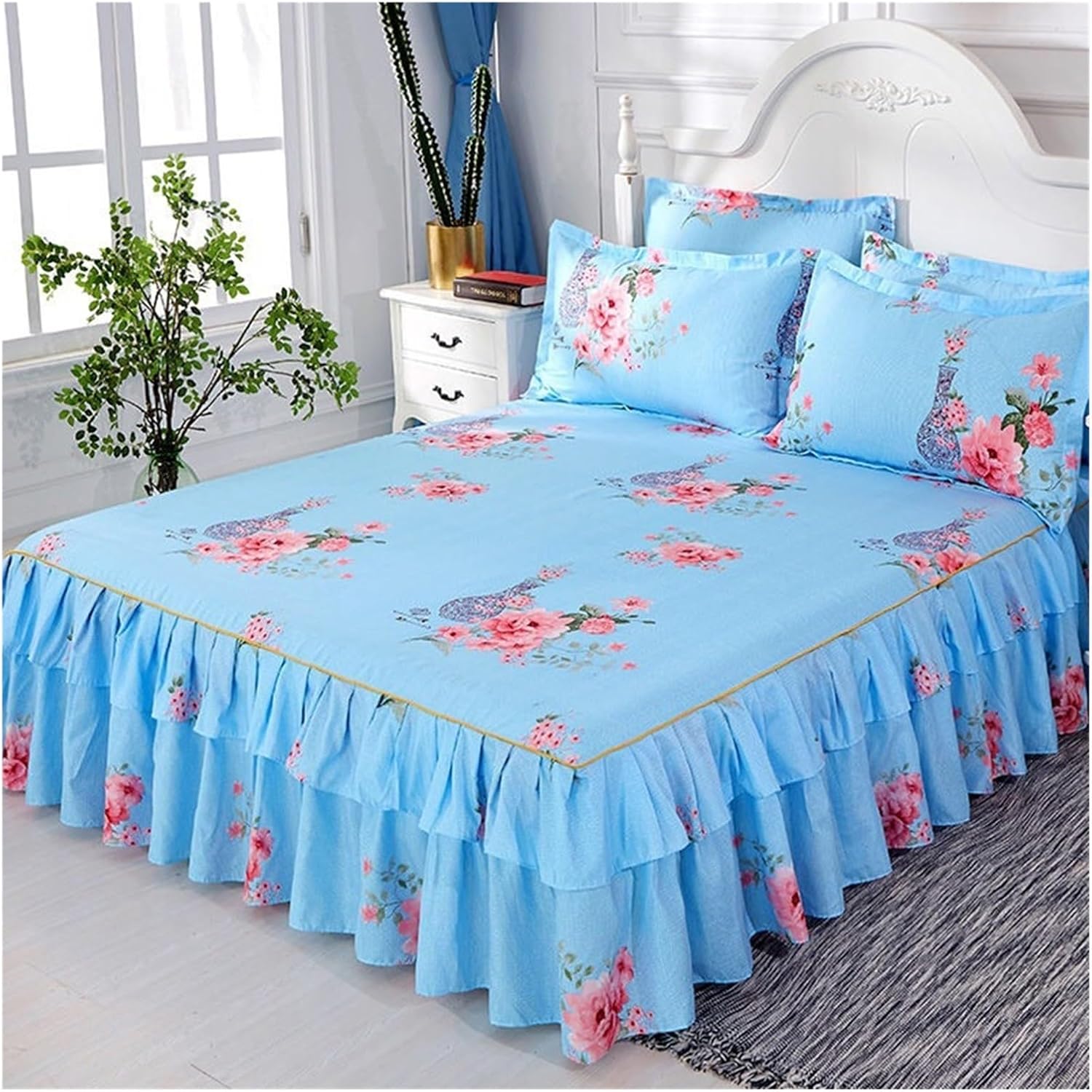 Ruffled Bed Skirt Drop Dust Skirt and Area Rug Soft Fade Resistant Machine Washable Lightweight Breathable Weave Knit Bedding Coverlets Bedspreads Quilt