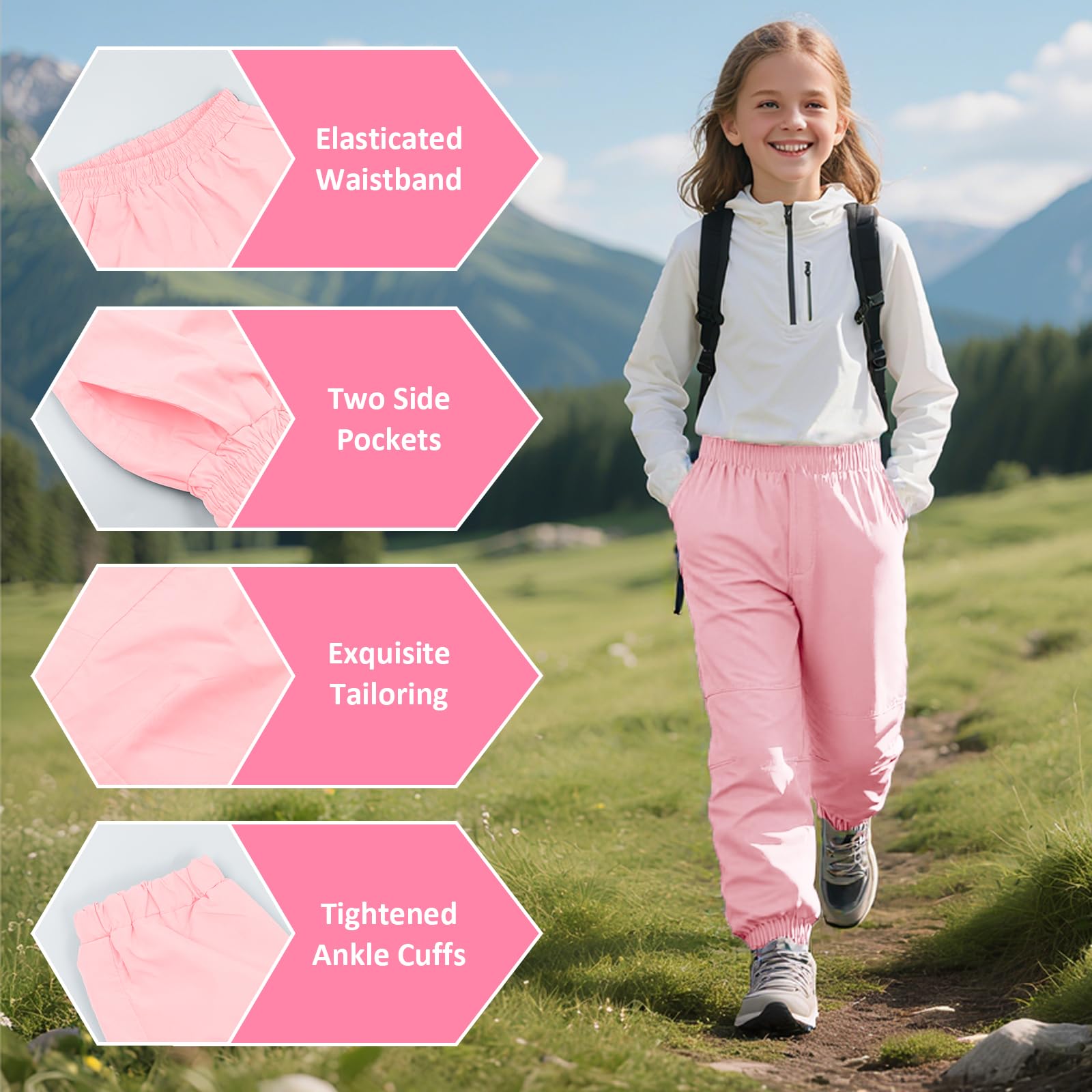 Wanderhose Jungen Mädchen Regenhose Wasserdicht Winddicht Trekkinghose Atmungsaktiv Mesh Futter Jogginghose Elastischer Bund Mit Taschen Outdoor Hose für Kinder Gr.122-164