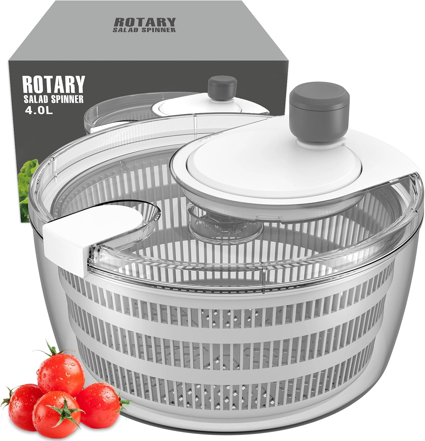 Ourokhome Salad Spinner Lettuce Dryer, Hand-crank Rotary Vegetable Dryer Veggie Washer with Transparent Bowl and Colander for Greens, Herb, Berry, Fruits, Macaroni, 3.5 QT, White