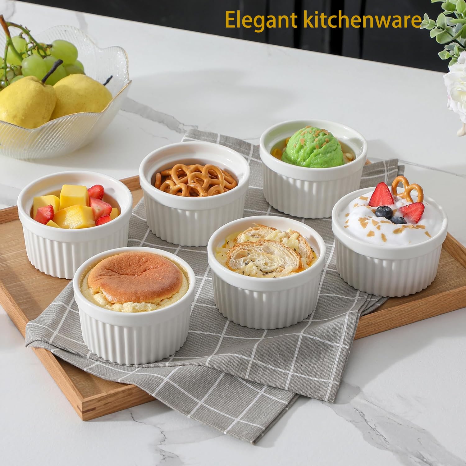 6 Pirottini in crema Brulee, resistenti al forno, in ceramica, per ciotole per ragout fini, per muffin, panna cotta, 10 cm, bianco