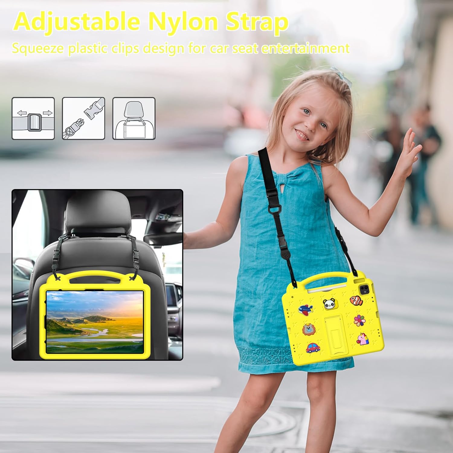 AKABEILA Compatible with ONN 10.1(GEN3) 2022(1000071485)/Amazon Fire HD 10(2021/2023)/Fire HD 10 Plus(2021/2023) Tablet Case, Kids Case with Shoulder Strap & Stand Handle Yellow