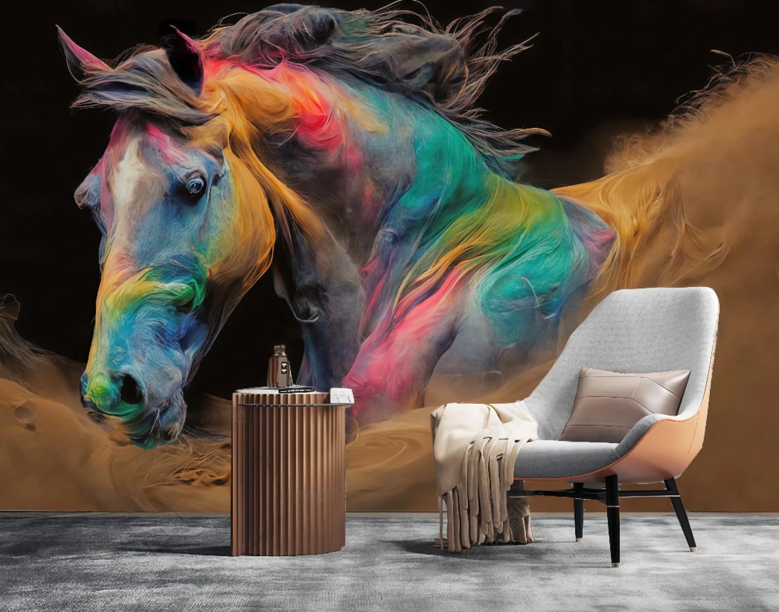 Tapeta nowoczesna abstrakcyjna kolorowa sztuka pomarańczowy i zielony kolor malowany konia reliefowy obraz TV sofa tło tapeta ścienna salon restauracja kawiarnia mural, 3D, 150 x 105 cm