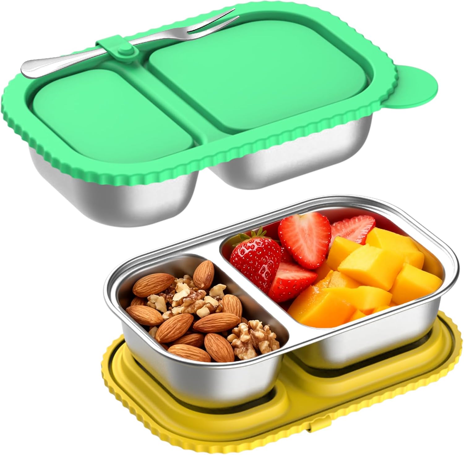 Stainless Steel Snack Containers with Silicone Lids, 2 Pack Reusable 2 Compartment Food Storage Containers, Snackle Box Container Leak-Proof Metal Bento Lunch Box for School, Travel, Home