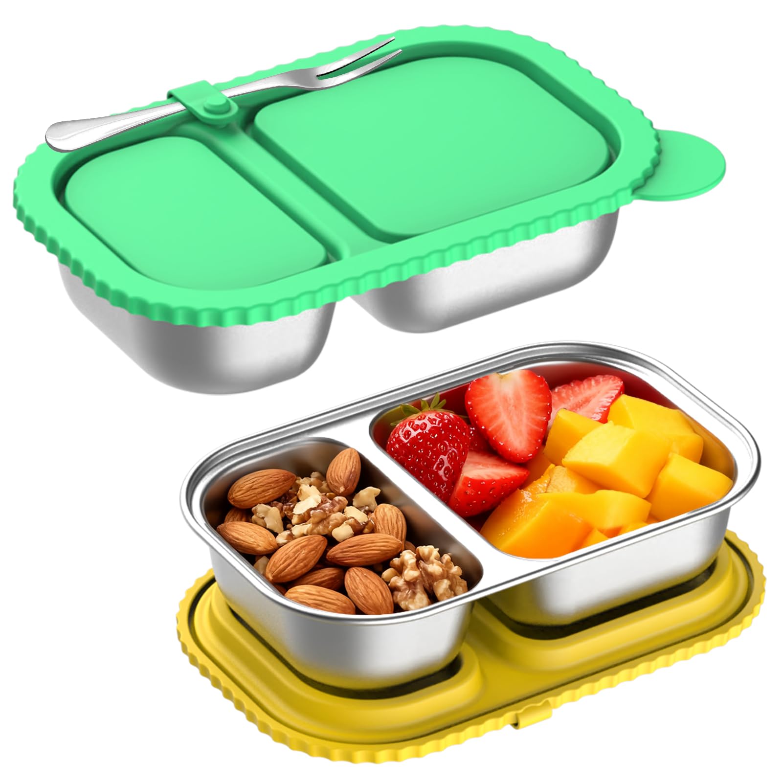Solldgt 2 Pack Stainless Steel Snack Containers - Reusable 3 Compartment Snackle Box Container with Lids for Kids Adults, Divided Snack Food Storage Containers for School, Home, Travel
