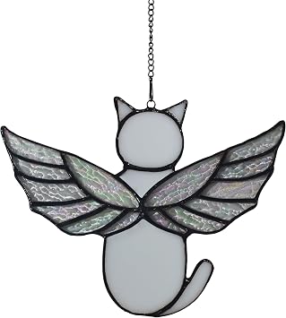 Angel Rainbow Wing Memorial Gifts - Stained Glass Cat Suncatcher, Loss of Cat Sympathy Gift White