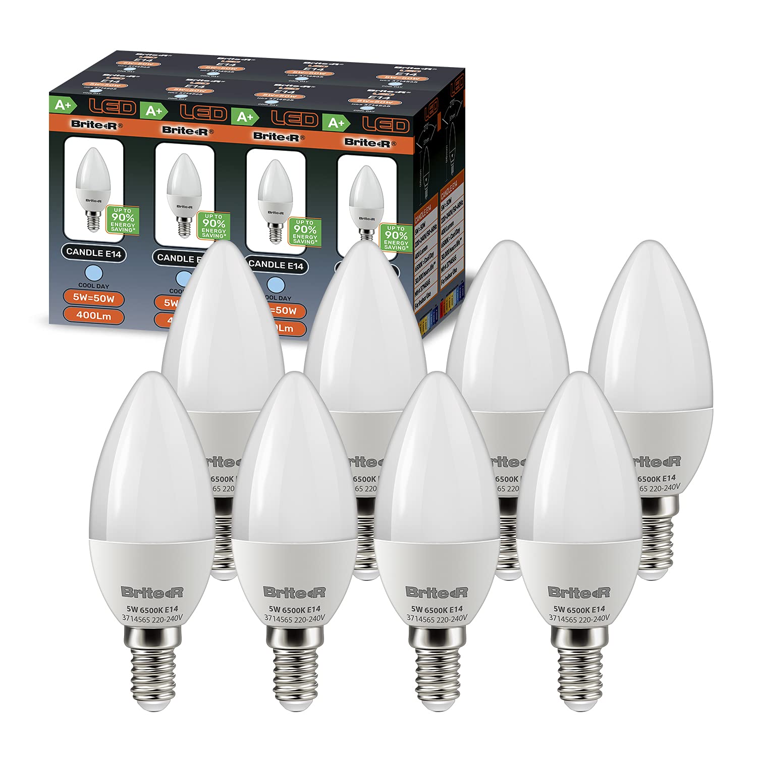 Brite-R 8X E14 SES Candle LED Bulbs 5W Cool White Daylight 270° Beam 6500K 400lm 90% Energy Save* 50W Halogen Replacement Lamp AC220-240V WideAngle Frosted Home Office Lighting 2yr Warranty Pack of 8