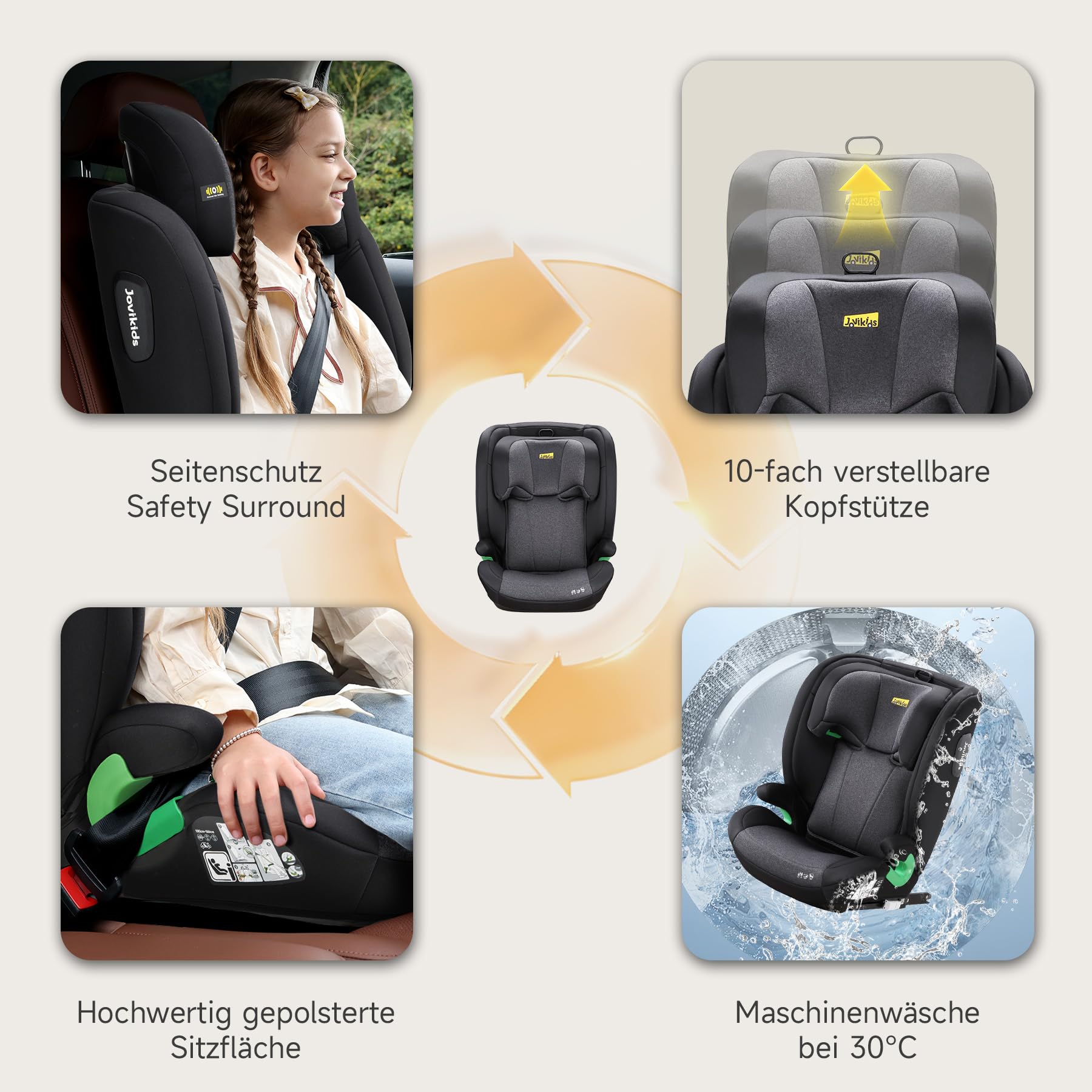 i-Size R129 - Asiento infantil para coche (para niños de 3,5 a 12 años, 100-150 cm), con respaldo ajustable, reposacabezas, protección contra impactos laterales, color negro (Negro, Sin ISOFIX)
