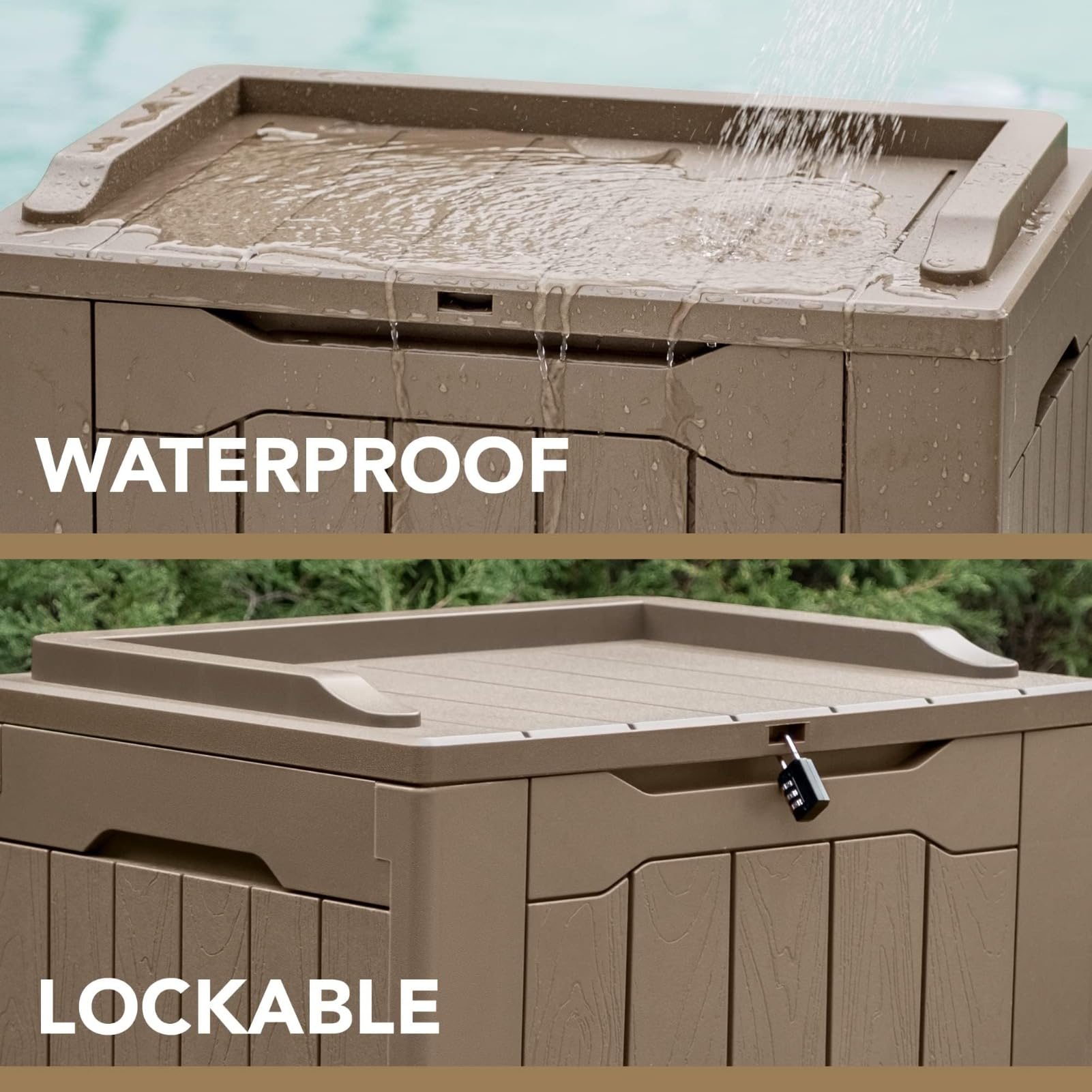 DUY Scatola portaoggetti da esterno con coperchio, in plastica, resistente alle intemperie, con venature del legno, organizer per patio, giardino, balcone (marrone chiaro, 56 x 41 x 54 cm)