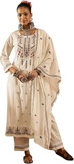 INDO ERA Women's Straight Pure Cotton Floral Embroidered Kurta & Pant with Dupatta Set (IESTR10361) Price In India