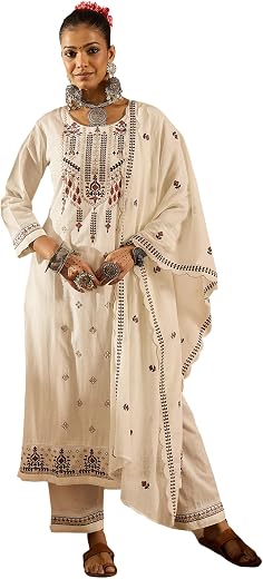 INDO ERA Women's Straight Pure Cotton Floral Embroidered Kurta &amp; Pant with Dupatta Set (IESTR10361)