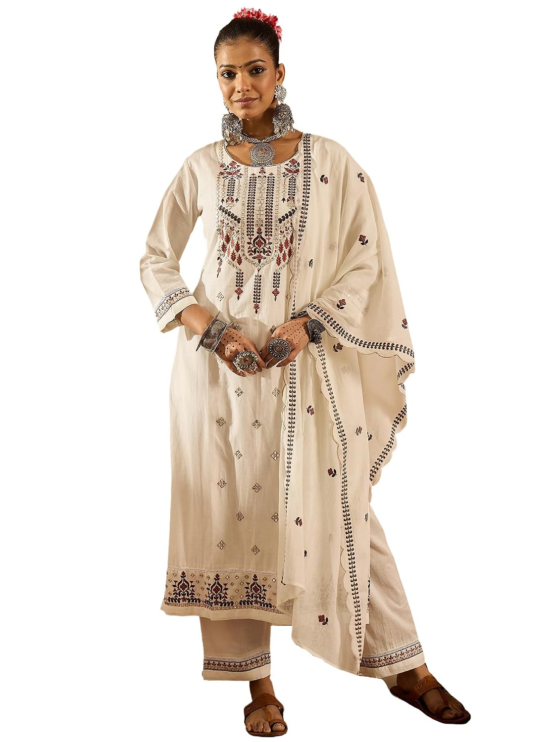 INDO ERA Women's Straight Pure Cotton Floral Embroidered Kurta & Pant with Dupatta Set (IESTR10361) - Review, Price and Buying Guide