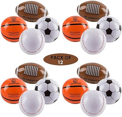Forest & Twelfth Inflatable 16 inch Sports Balls, Pack of 12, Sports Ball Inflate Toys Set Includes Baseball, Basketball, Football, and Soccer Ball â€“ Ideal Party Favors and Decorations