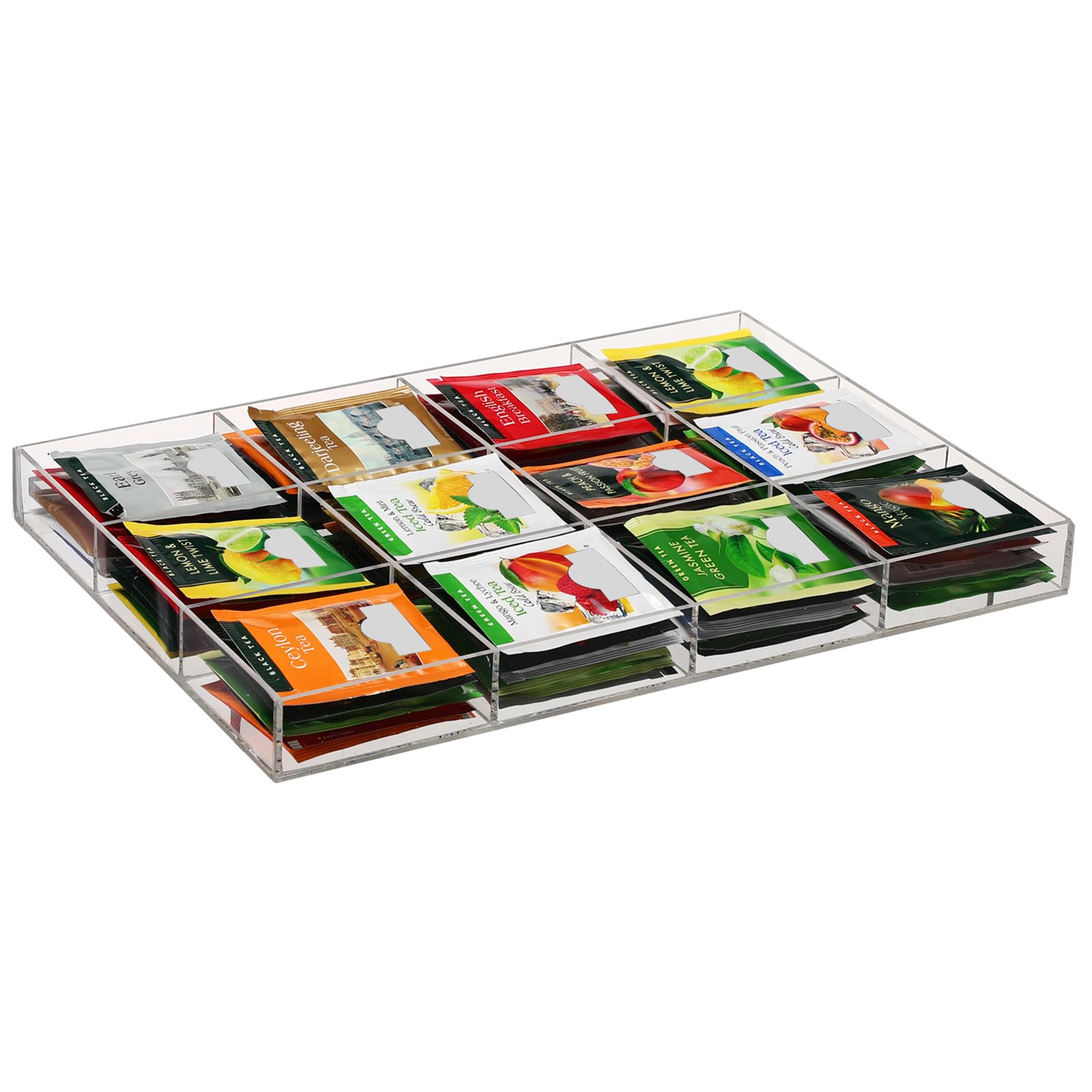 Weysat Tea Bag Organizer 12 Grids Clear Acrylic Holder with 12 Slots Tea Packet Storage Box Containers for Kitchen, Countertop, Cabinet, Drawer, Coffee Bar, Pantry