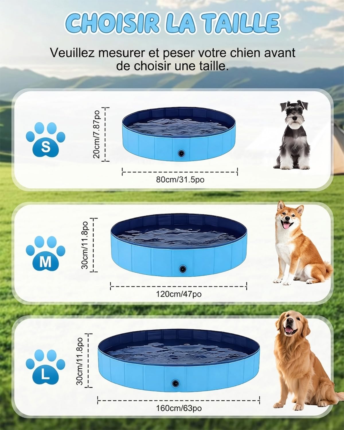 Piscine Chien Pliable et Robuste, Bassin pour Chiens en PVC Antidérapant, Piscine Portable pour Animaux et Enfants, Baignoire Extérieure pour Petit et Grand Chien, Bleu,80 x 20 cm