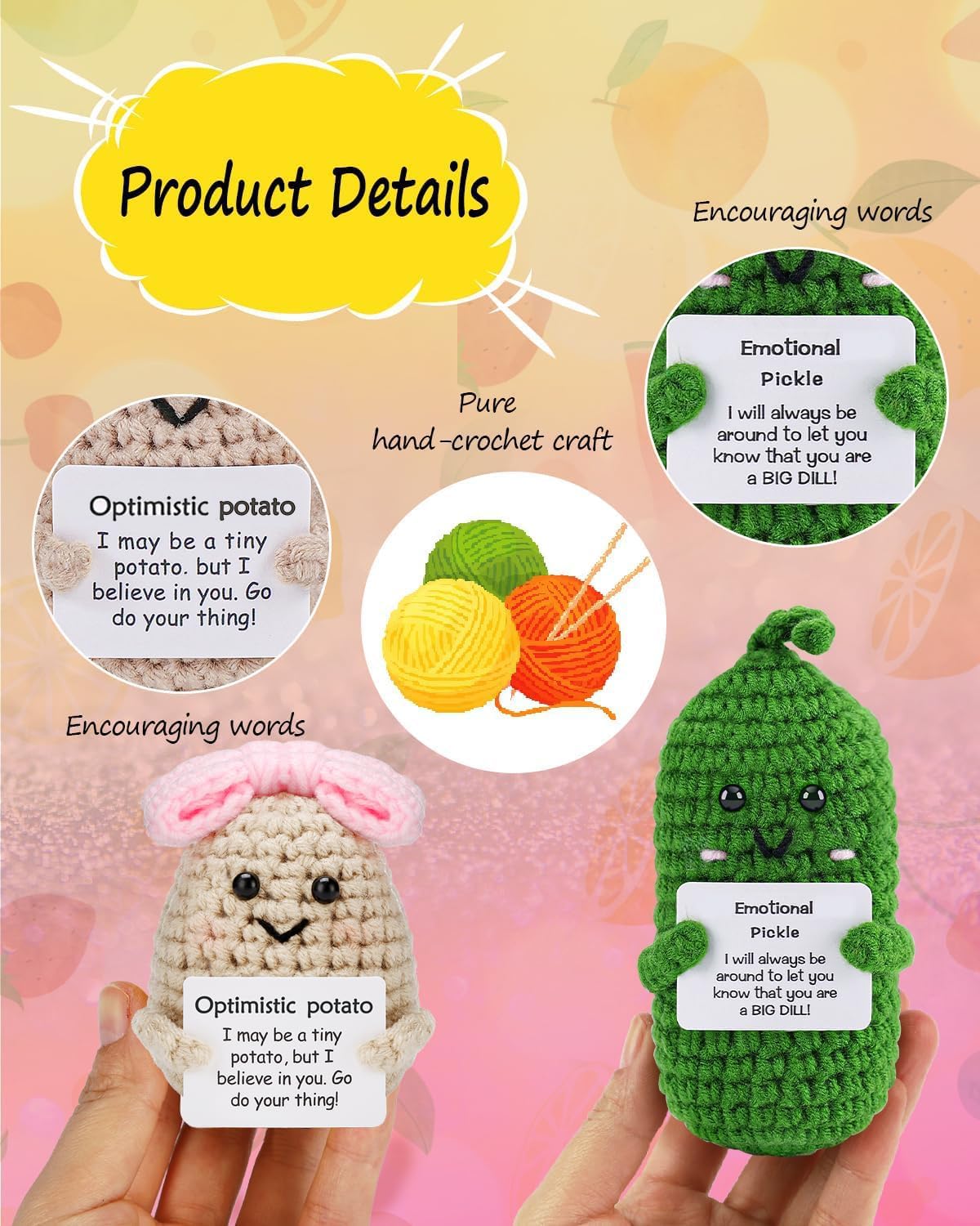 PinCute 2PCS Emotional Pickle Potato with Bow Gifts for Friend - Cute Funny Potato Crochet Doll Home Desk Decor - Gift for Women Wife Sister Birthday Valentines Christmas Anniversary