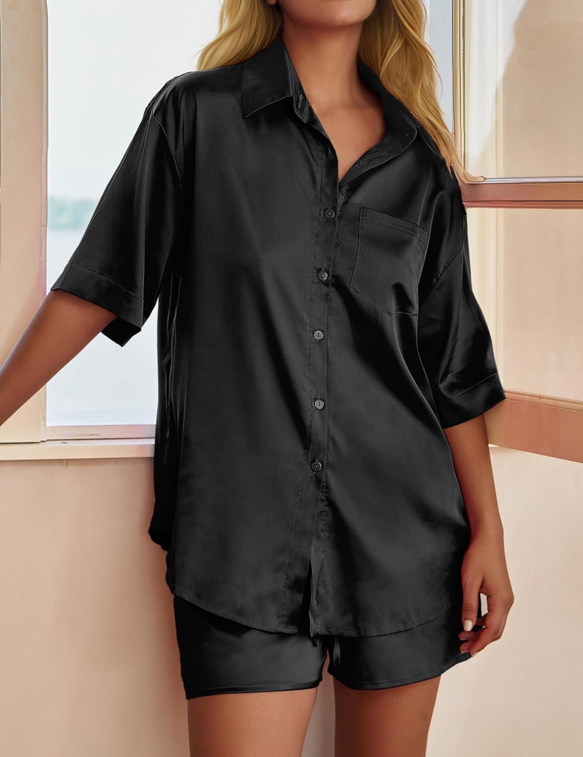 Women's Silk Pajama Set 2 Piece Loungewear Short Sleeve Button Down Pjs Satin Top and Shorts Sleepwear - Image 4