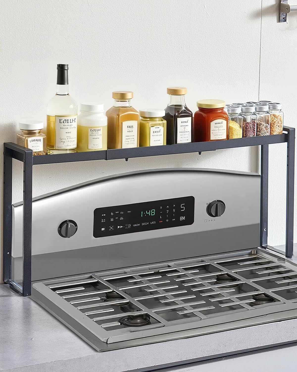 VEVOR Over the Stove Shelf, Adjustable 27-33Inch Spice Organizer, 4 Level Expandable Height Spice Rack for Kitchen Stove Top, Spice Organizer, Countertop Seasoning Organizer Storage Solution, Black