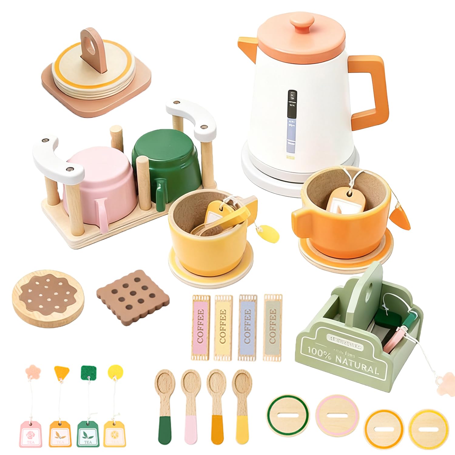 Benhurb Wooden Tea Set for Toddlers, Childrens Tea Party set for Kids, Afternoon Teapot Coffee Kitchen Accessories Pretend Role Play Food Toys Birthday for 3 4 5 Years Old Girls Boys
