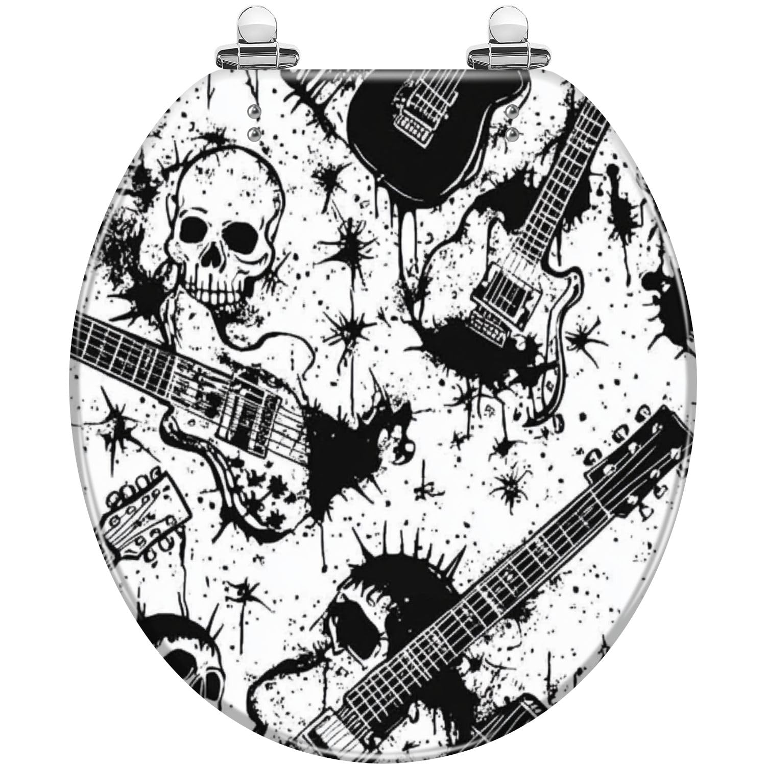 Okrągła deska sedesowa z żywicy, z pokrywką, powolne i ciche zamknięcie, szybki demontaż, łatwe czyszczenie, czarno-biała, grunge styl punk, czaszki i gitary