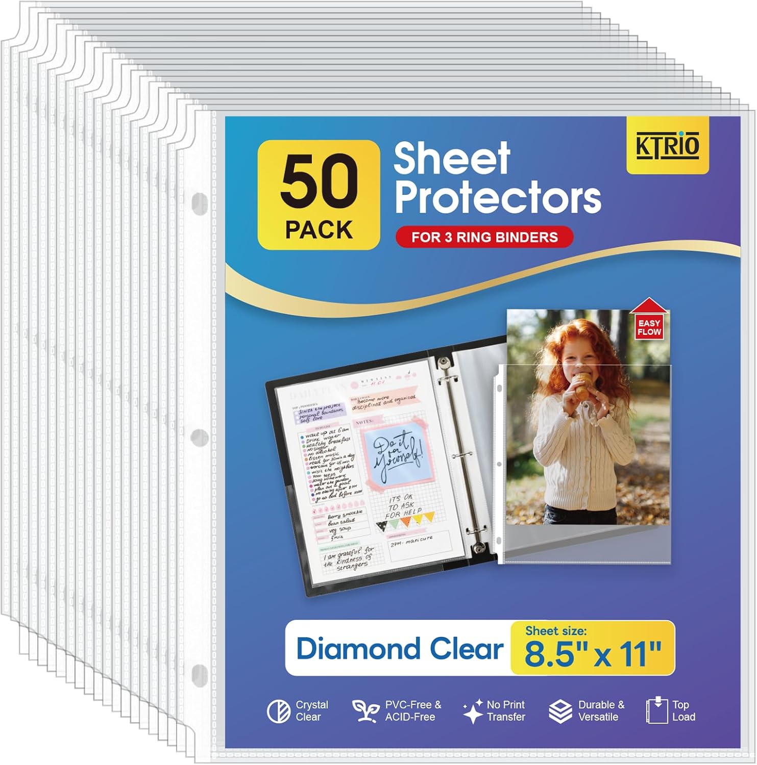 KTRIO Sheet Protectors 8.5 x 11 inch, Clear Page Protector for 3 Ring Binder, Plastic Sleeves for Binders, Top Loading Paper Sheets Document Sleeve Letter Size, Office & Home, 50 Pack KTRIO Sheet Protectors 8.5 x 11 inch, Clear Page Protector for 3 Ring Binder, Plastic Sleeves for Binders, Top Loading Paper Sheets Document Sleeve Letter Size, Office & Home, 50 Pack