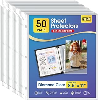 KTRIO Sheet Protectors 8.5x11 Inch Top Loading Clear Sleeves for 3-Ring Binders, Durable PVC-Free Polypropylene, 50 Pack Letter Size