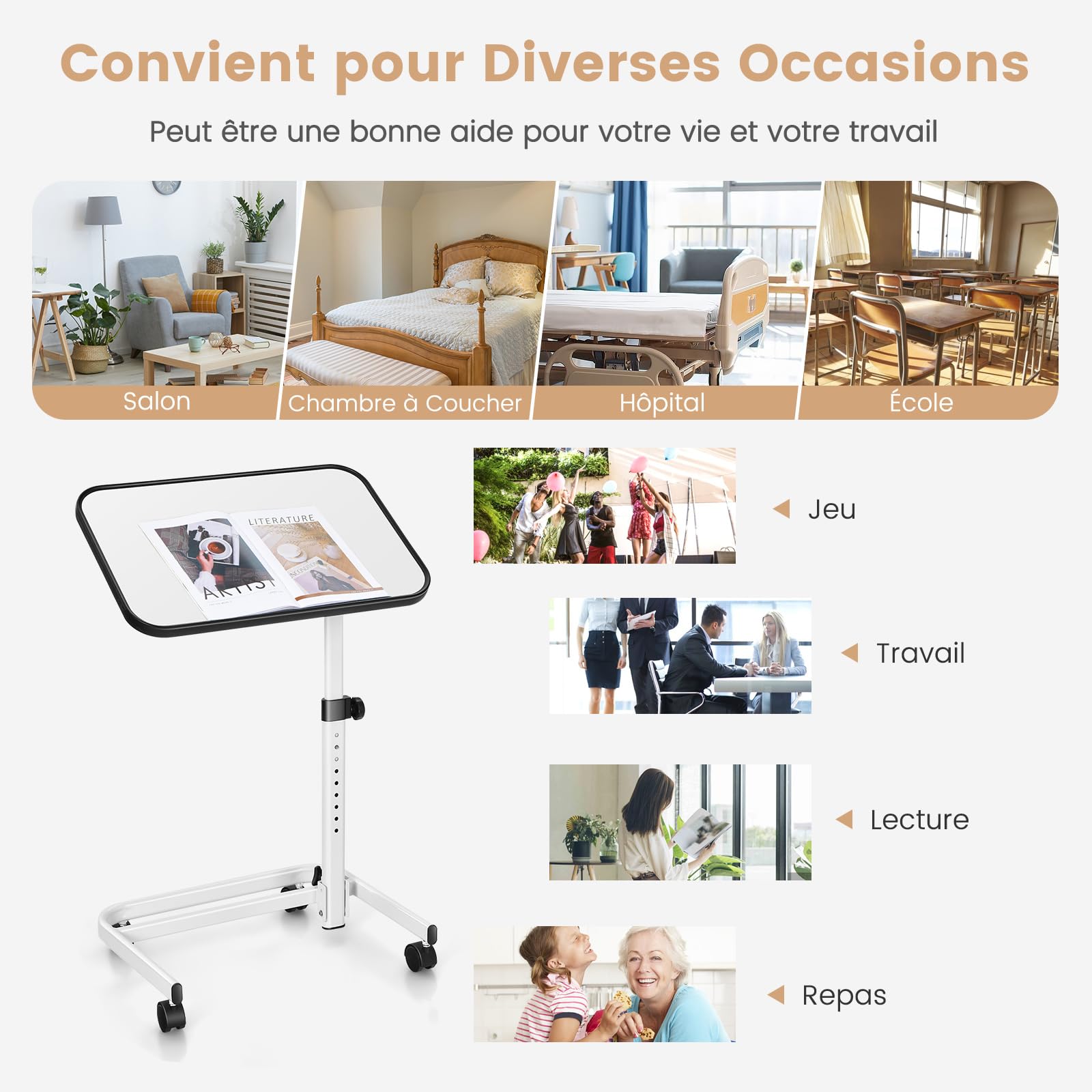 COSTWAY Table de Lit avec roulettes Verrouillables, Réglable en Hauteur, Rangement Pliable, Plateau Inclinable 180°, pour Lit Médicalisé, Charge 20kg