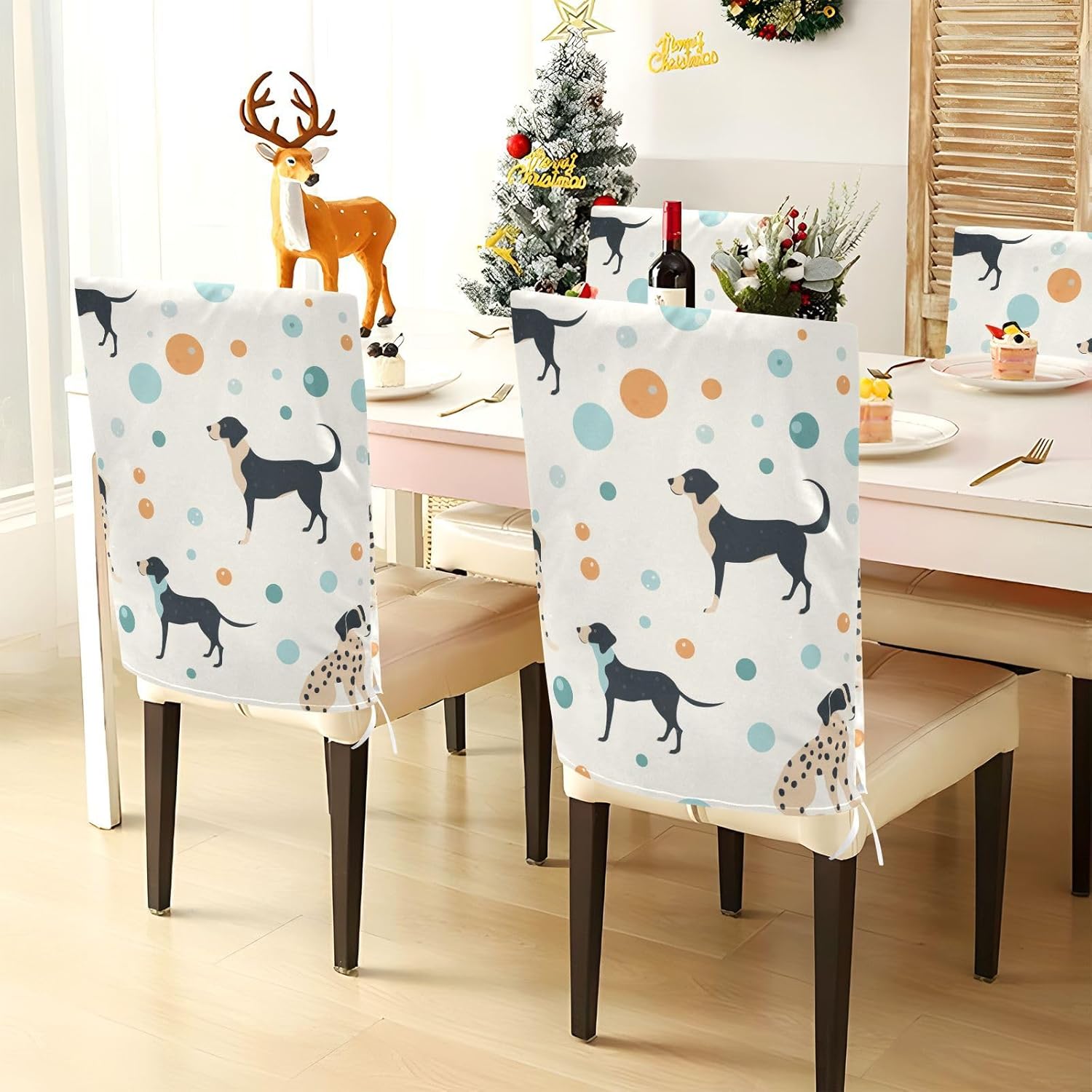 ALAZA Dogs and Dots Chair Back Cover Set of 6, Washable Reusable Removable Chair Slipcovers Decorative Chair Cover for Home Kitchen Wedding Party