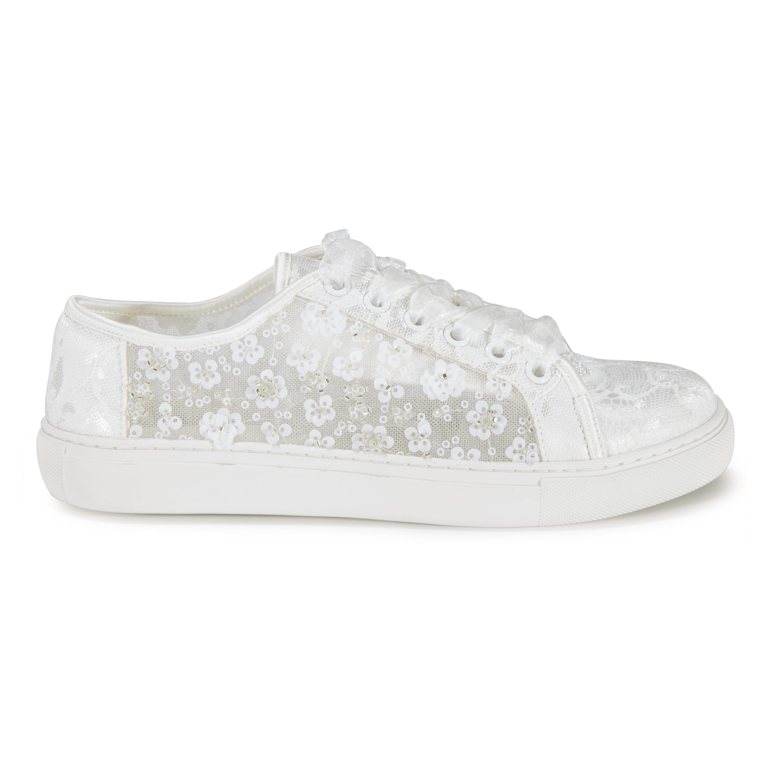 883-10 Sneakers Sposa Donna Pizzo Ricamo Floreale Scarpe Matrimonio Basse Comode Scarpe Sposa con Lacci Nastro