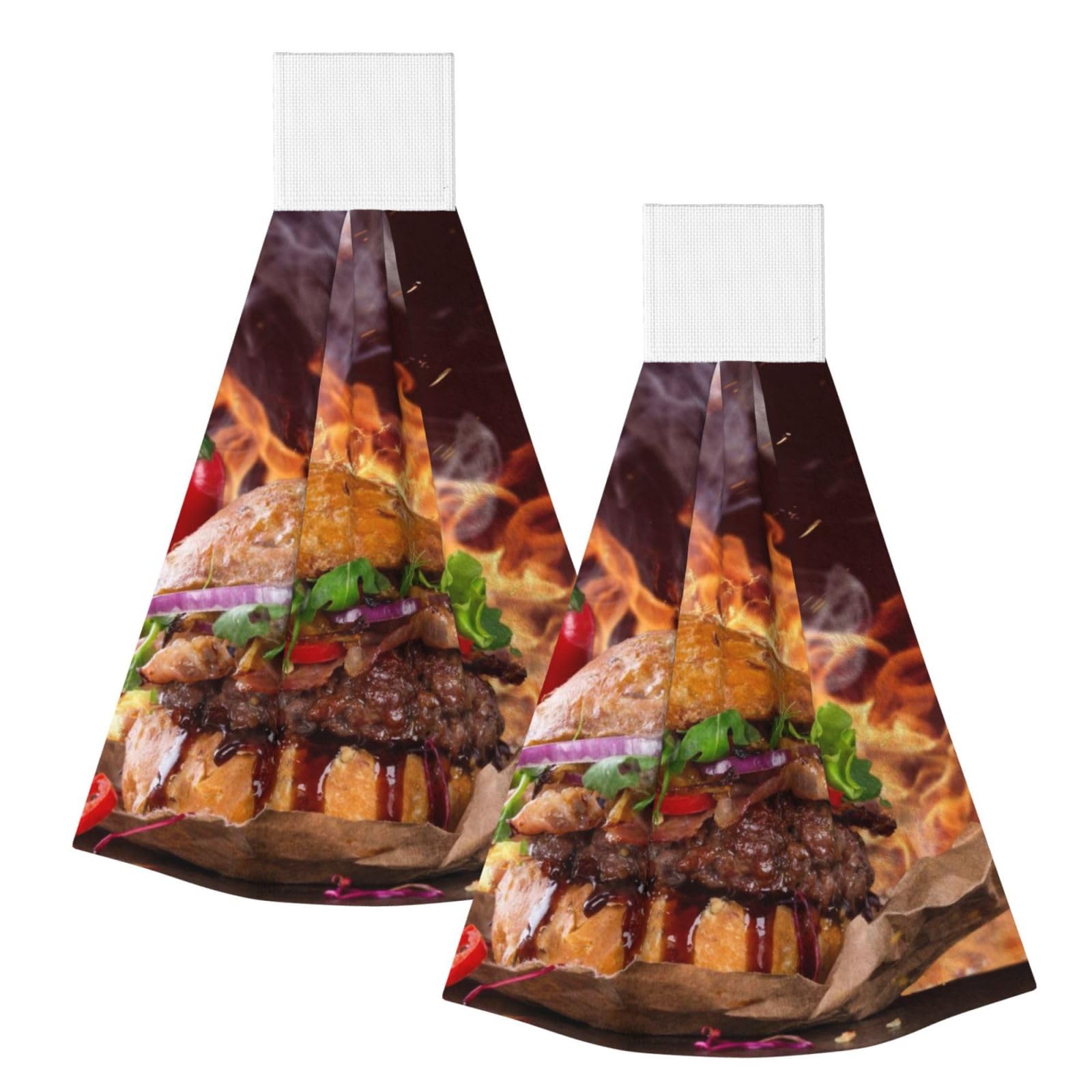 DOPKLNA Hamburger Steak Fast Food Print, 2 Pcs Hanging Coral Fiber Hand Towels for Bathroom, Absorbent Kitchen Towels