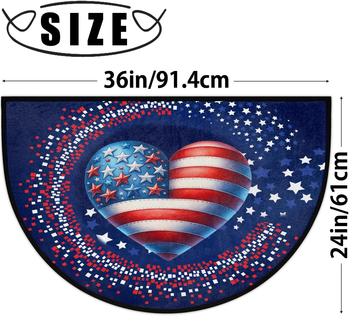 Half Round Doormat American Flag Heart Blue Washable Semi Circle Rug Non Slip Absorbent Half Moon Rug Kitchen Mat for Indoor Outdoor Bathroom Patio Front Welcome Fireplace Hearth Floor Mat