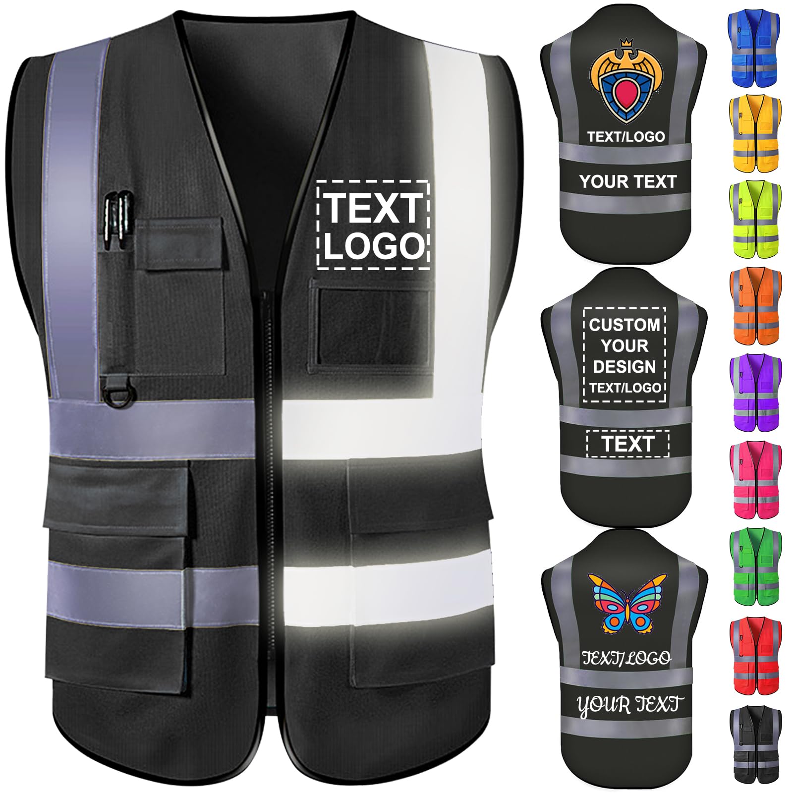 Custom Safety Vest with Logo for Men Women Personalized Class 2 High Visibility Reflective Vests with Pockets Zipper(S-5XL)
