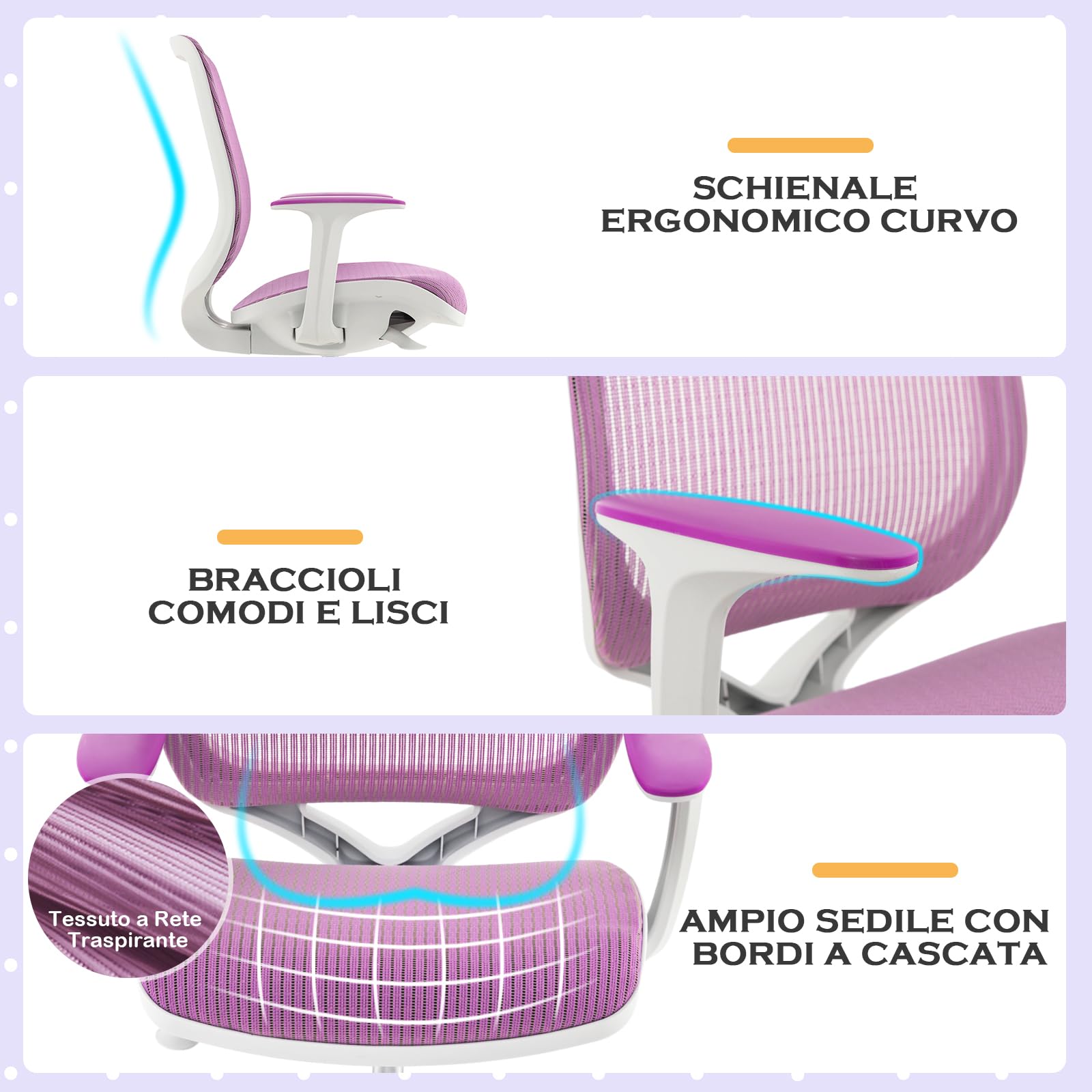 RELAX4LIFE Sedia Girevole per Bambini, Altezza Regolabile, Schienale e Braccioli, Ruote con Freni, Sedile a Rete per Bambini 3-10 Anni, Ideale per Cameretta e Studio (Blue) (VIOLA)