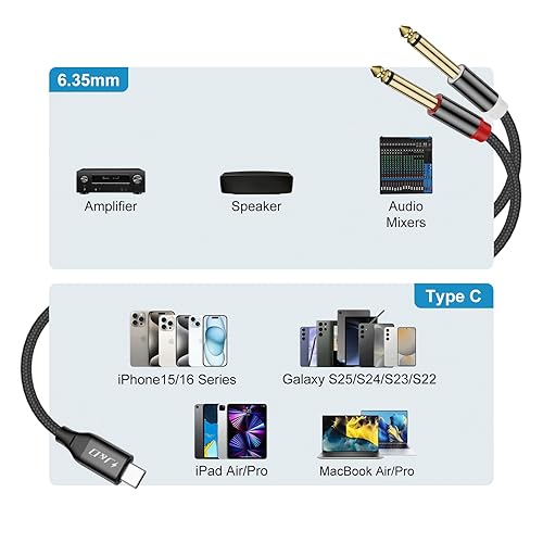 Miniatura 2 de J&D Cable USB C a doble divisor estéreo de 0.250in 14 pulgadas, USB tipo C a doble cable de audio TS de 14 pulgadas para teléfono inteligente,