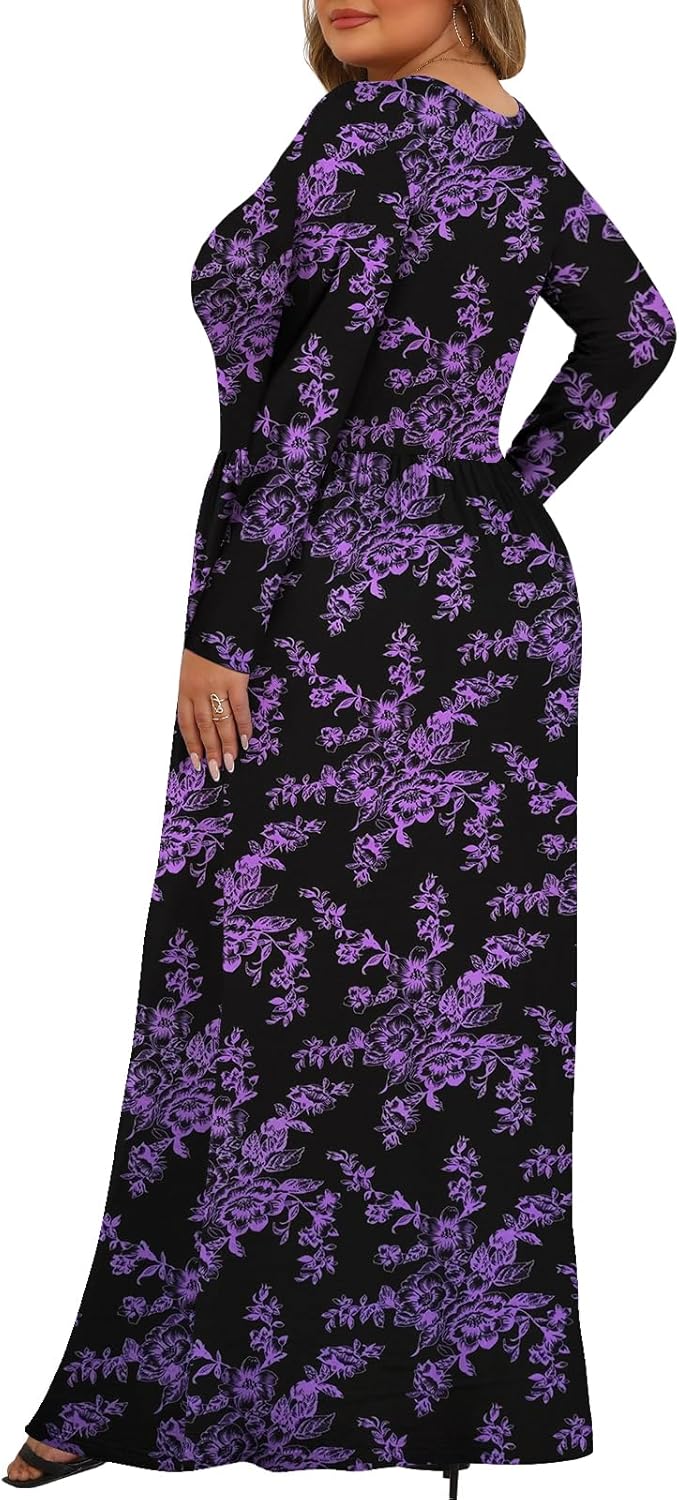 Tencede Womens Plus Size Maxi Dresses Long Sleeve with Pockets Casual Long Dress 1X-5X - Image 4