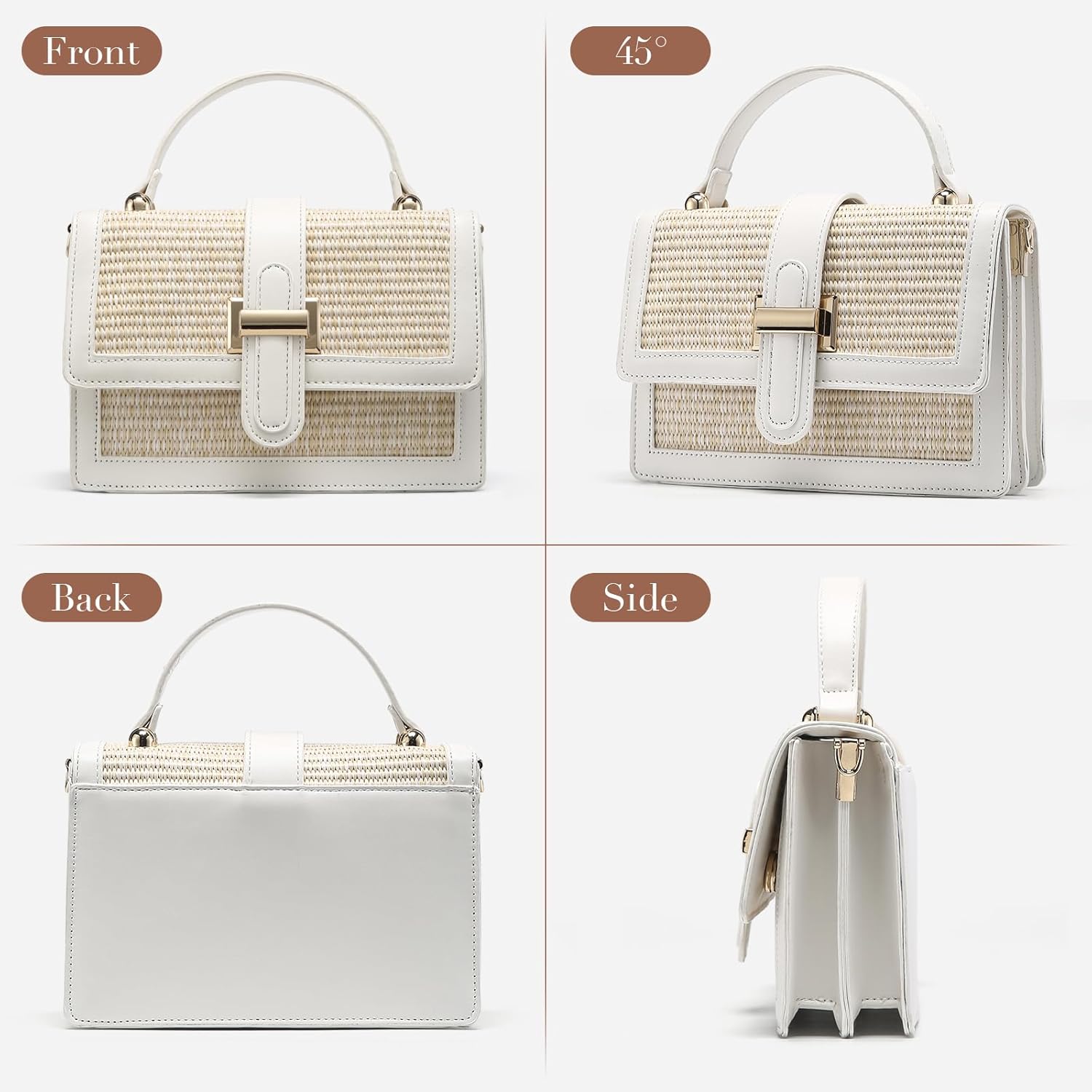 Straw Crossbody Bag, Vegan Leather Patchwork Summer Purse with Top Handle, Small Woven Bag for Beach & Wedding