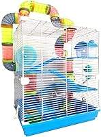 Vista 1 de Gran mansión de 5 pisos en azul para hámsteres, hogar con casa de escondite, plataforma sólida segura para patas, rueda de ejercicio para correr