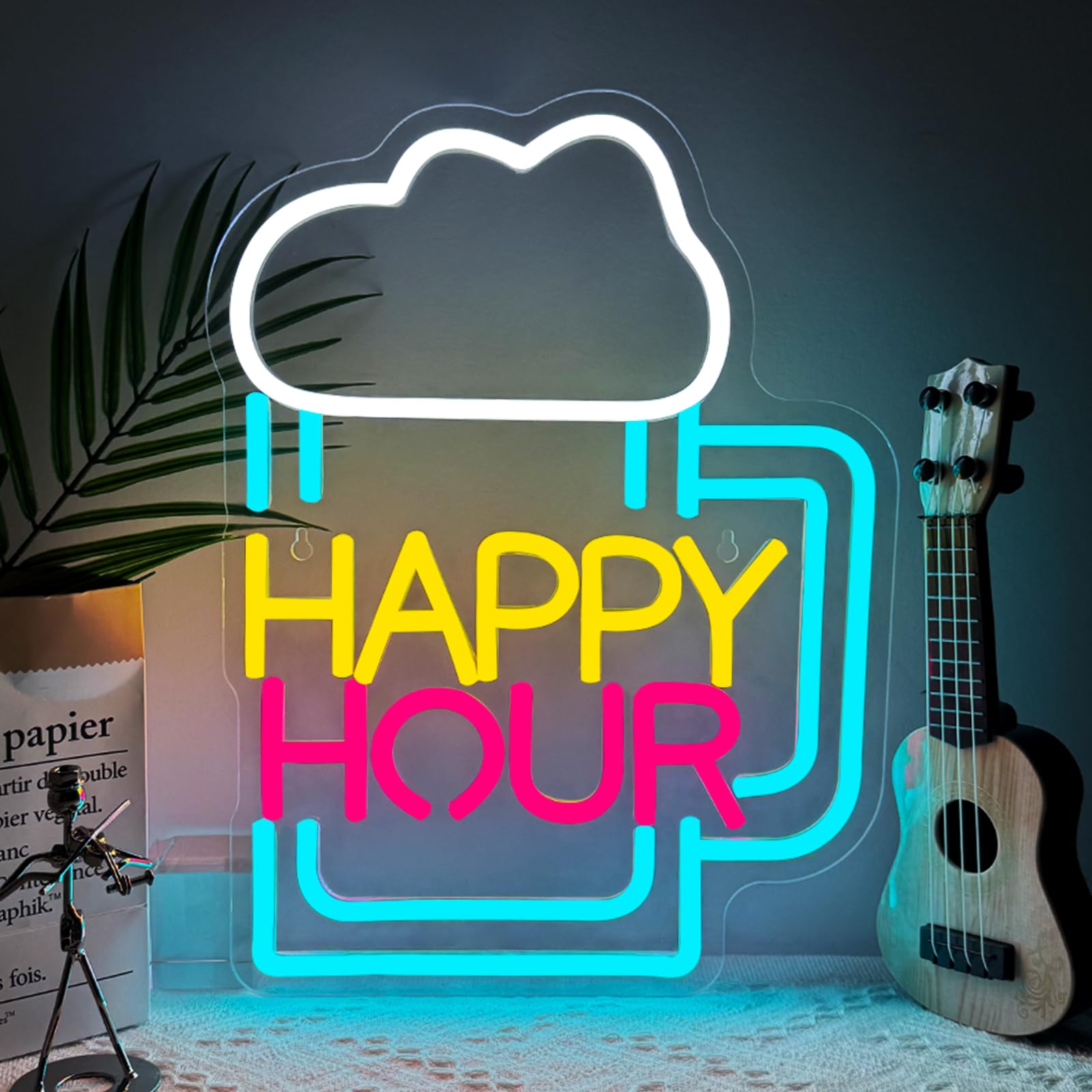 Happy Hour Neon Sign Bar LED Beer Signs for Wall Decoration USB Beer Sign Light Lamp Dimmable for Bar Pub Beer Garden Club Nightclub Party Decor — image 1