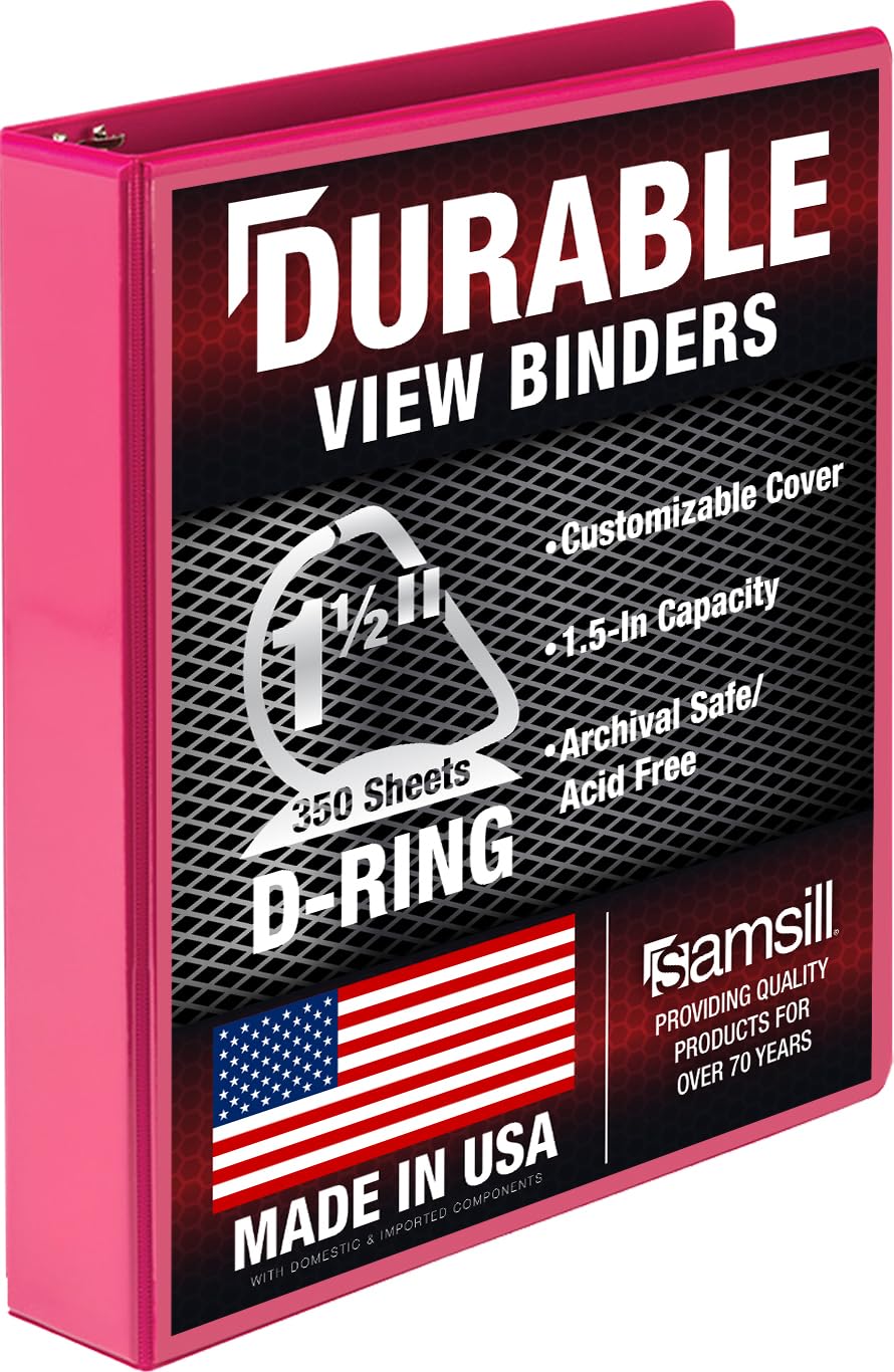 Samsill Durable 1.5 Inch Binder, D Ring Binder, Customizable Clear View Cover, Magenta, Holds 350 Pages