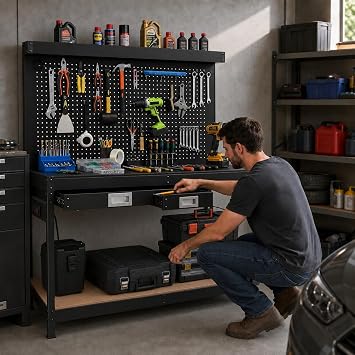 Work Bench with Storage, 48'' Work Table with Pegboard, 2 Drawers, Power Outlet, 2-Tier Metal Tool Storage Bench, Workbench for Garage, Workshop, Office Garage
