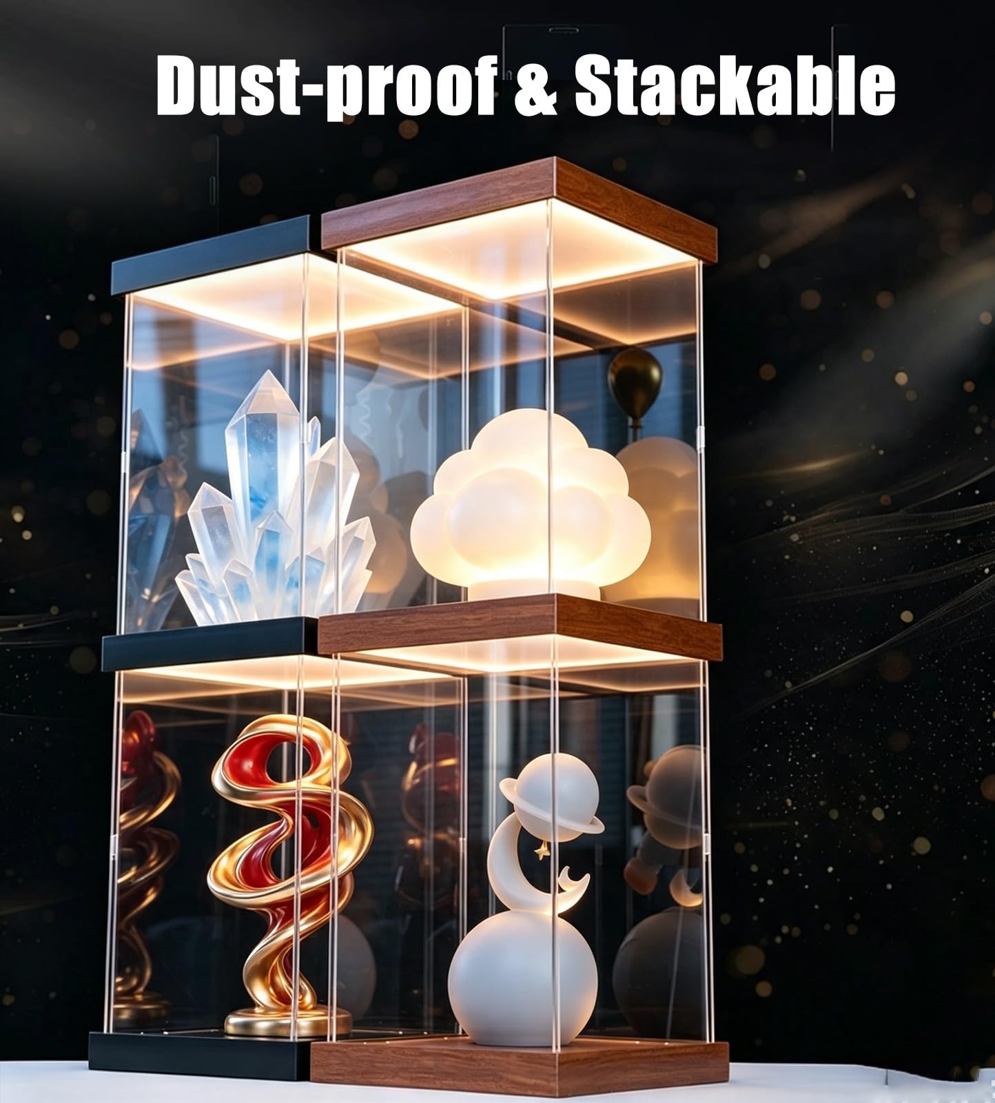 Vetrinetta Espositiva Vetrina in Acrilico per Action Figure da Collezione con Luce LED | Coperchio Antipolvere Rettangolare Trasparente di Alta Qualità, Scatola Portaoggetti In Acrilico con Base In Legno per Trofei