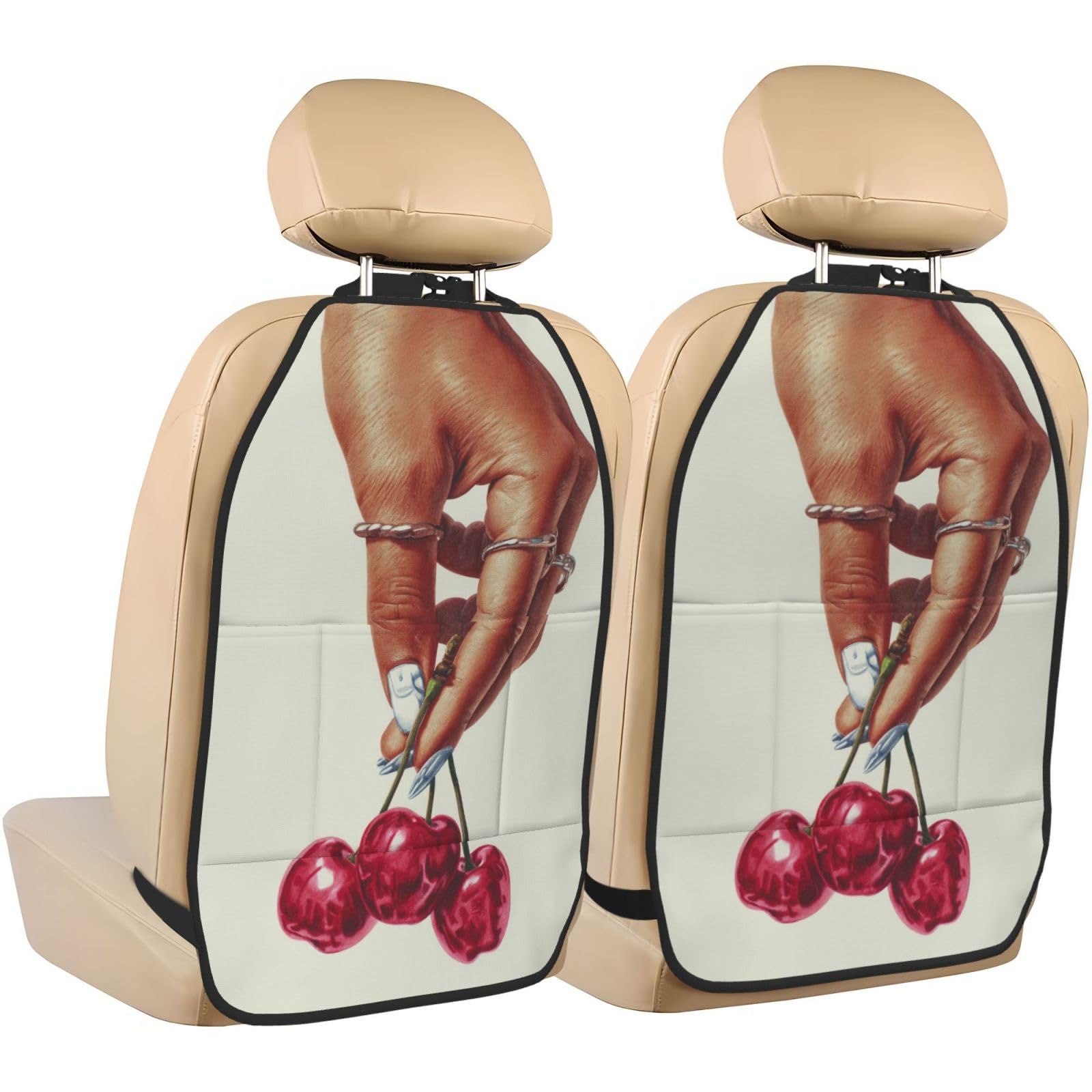 Female Hand Holding Two Charries Vintage Car Seat Back Kick Protectors,2 Pack Kick Mats with Storage Pockets for Vehicles to Protect from Dirt Mud Scratches