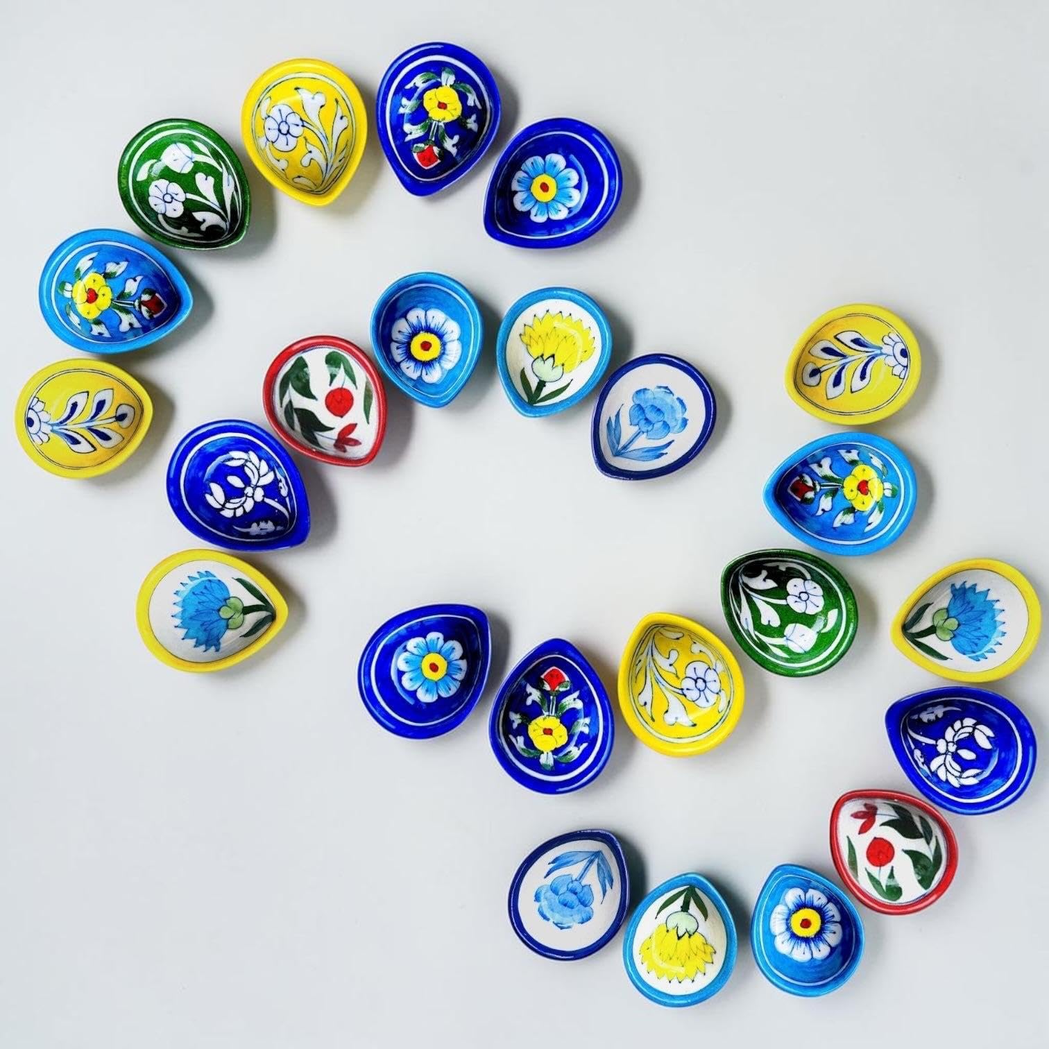 24 Pcs Blue Pottery Diya (4 Assorted Gift Boxes) | Hand-painted Jaipur blue pottery, heat resistant floral diya-image-16