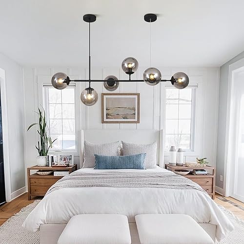 Miniatura 5 de KCO - Lámpara colgante de mediados de siglo de 6 luces, con globos de cristal color gris ahumado, moderno candelabro colgante ajustable para