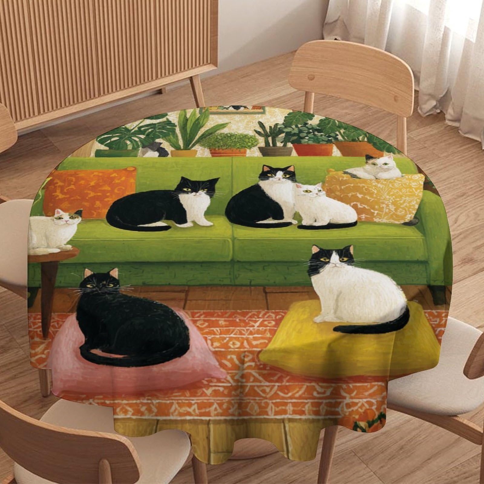 LUYYSKY Funny Rustic Cute Cats Waterproof Round Tablecloth Modern Vintage Room Botanical Plants Animals Kittens Print Washable Table Cover for Kitchen-60 Wx60 L