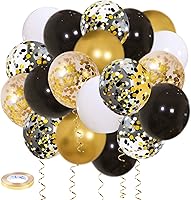 Zesliwy 50 Pack Black Gold White Confetti Balloons 12 Inch with Ribbons - Latex Party Balloons for Birthday Wedding Graduation Decor