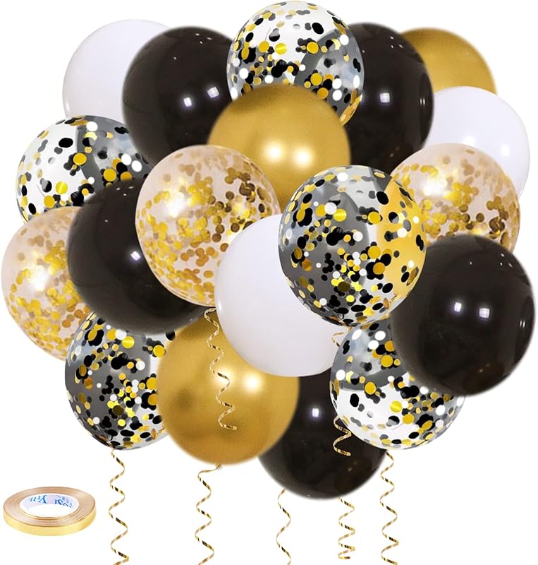 Black Gold Confetti Balloons 50 pack - 12 Inch Gold White and Black Confetti Balloons with Ribbons for Graduation Birthday Wedding Party Decorations | Gold White and Black Confetti Balloons, for Graduation 2026 Birthday Wedding Party Decoration.