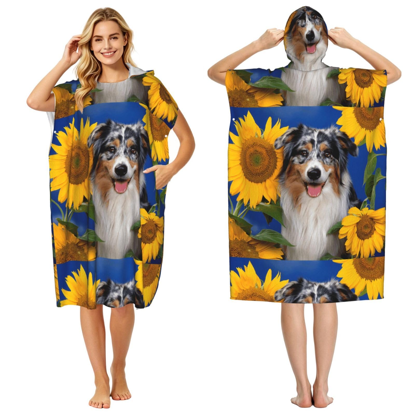 Poadnly Australian Shepherd, Adult Hooded Beach Towel 90 x 110 cm,Changing Bath Robe, Surf Poncho Towel For Women Men