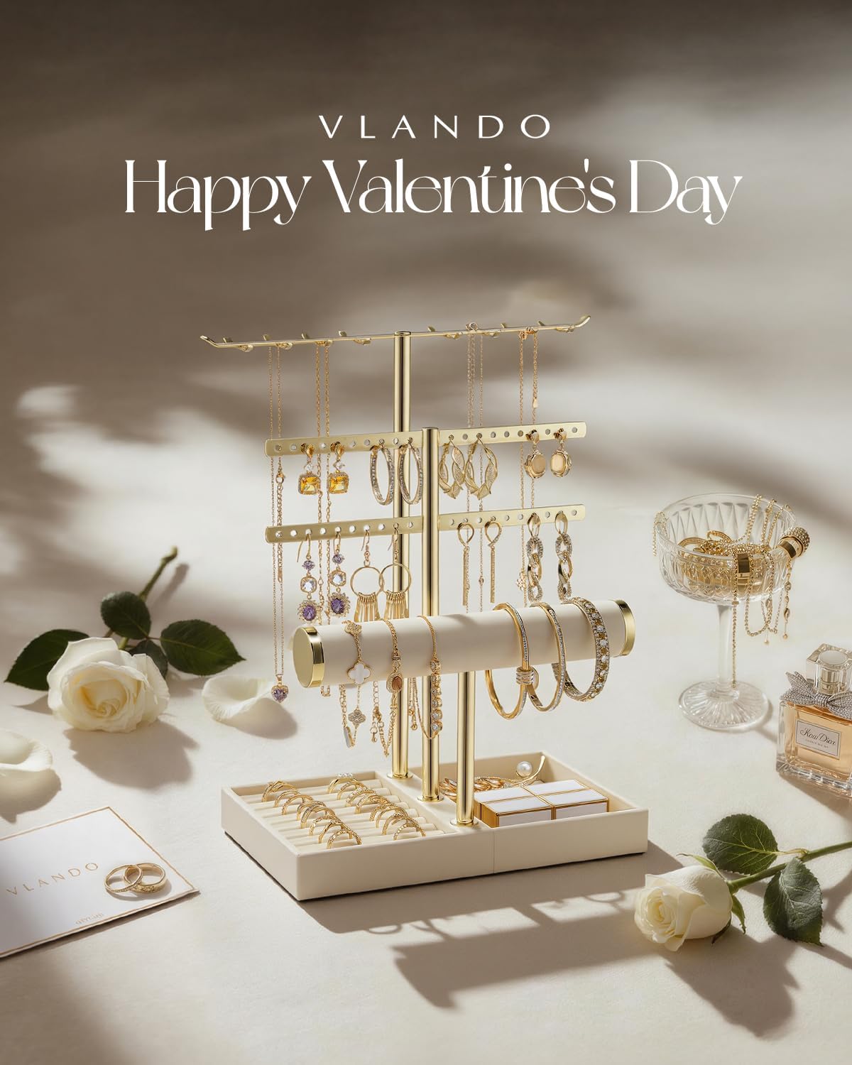 Vlando 3 Tier Jewelry Stand Organizer with Tary, Leather Jewelry Holder Display for Women, Gold Jewlery Holder Display for Necklace, Earring, Bracelet, Rings - Cloud White - Image 2