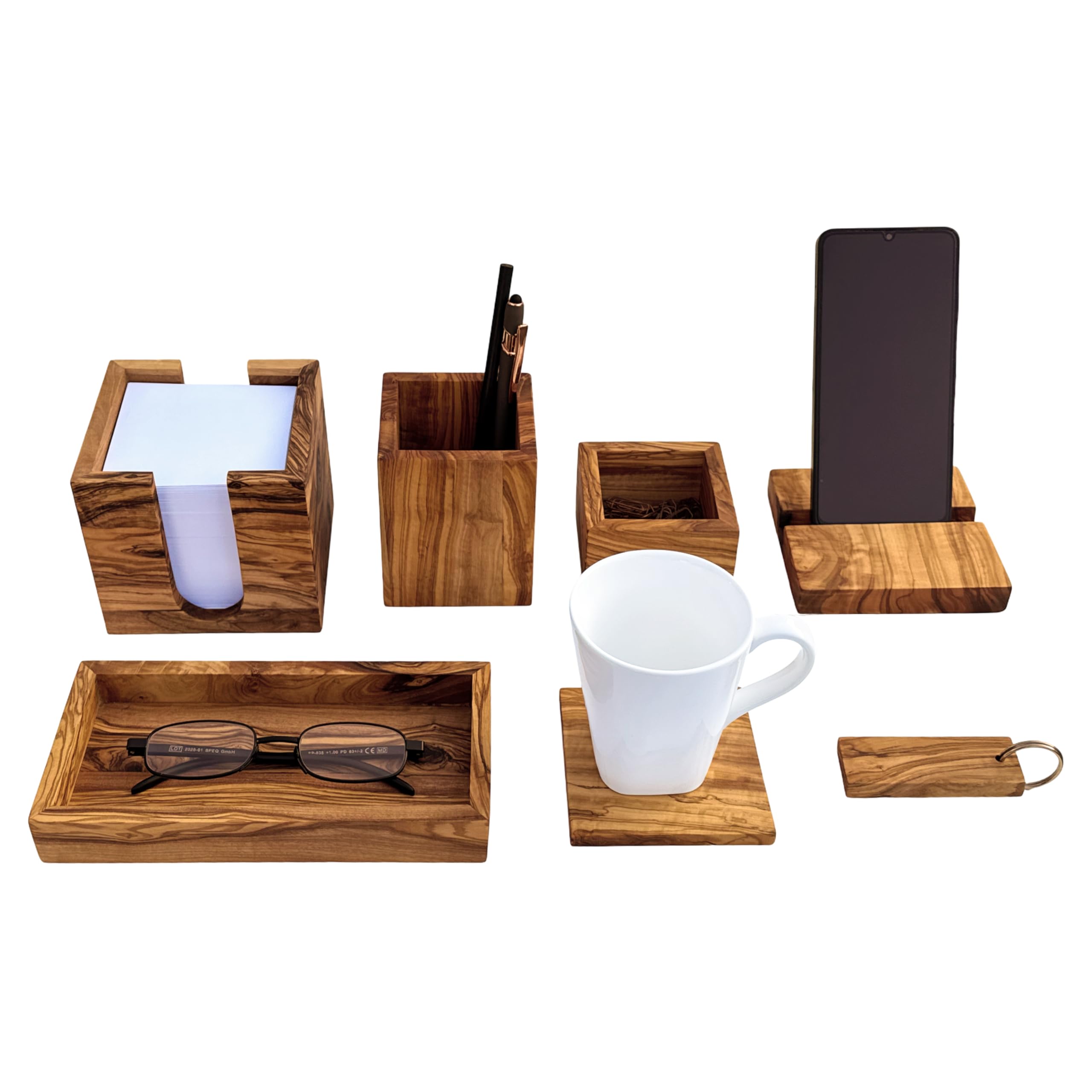 Set scrivania in legno d'ulivo "My Office – 7 Days" – Organizer da 7 pezzi per organizzare il posto di lavoro
